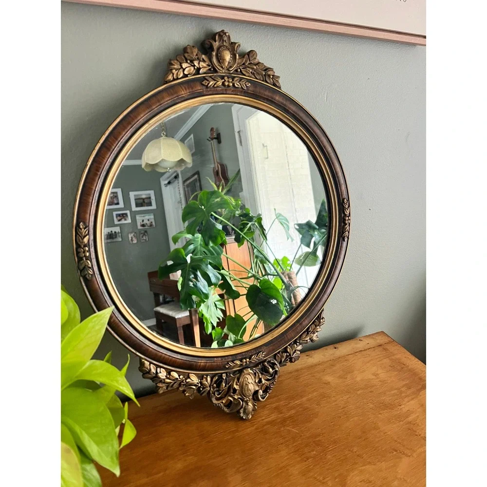Vintage French Neoclassical Round Wood Wall Mirror Gilt Accents 22x16